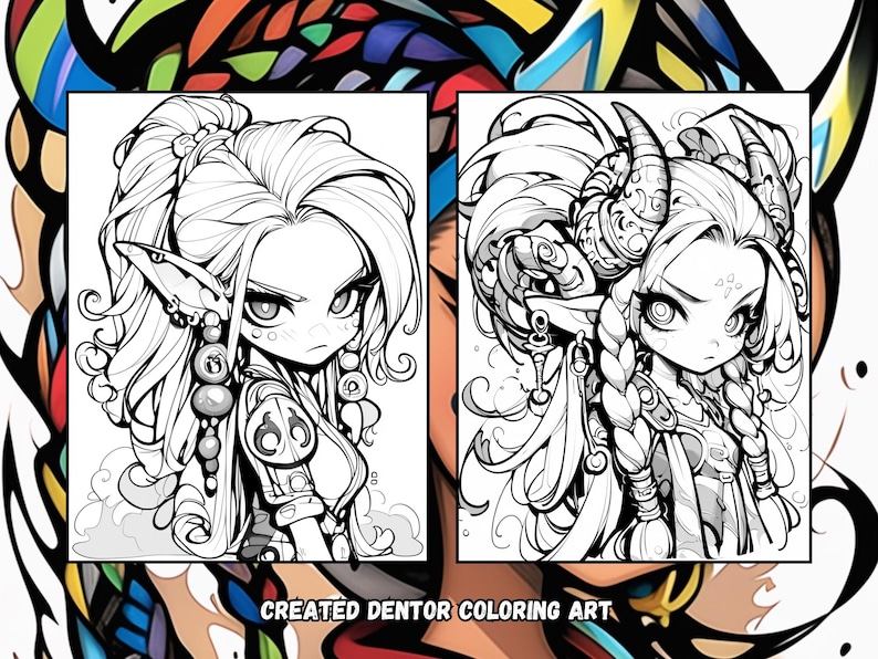 Puede incluir: Dos dibujos en blanco y negro de personajes femeninos con peinados y ropa elaborados. El personaje de la izquierda tiene orejas puntiagudas y lleva un collar y pulseras. El personaje de la derecha tiene cuernos y lleva un collar y pulseras. El texto "CREATED DENTOR COLORING ART" est&aacute; en la parte inferior de la imagen.