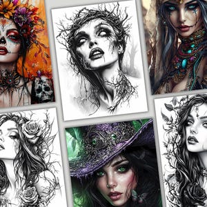 May include: A collection of six digital art prints featuring women with dark hair and intricate details. The prints are in black and white with hints of color, and each woman has a unique style and expression.