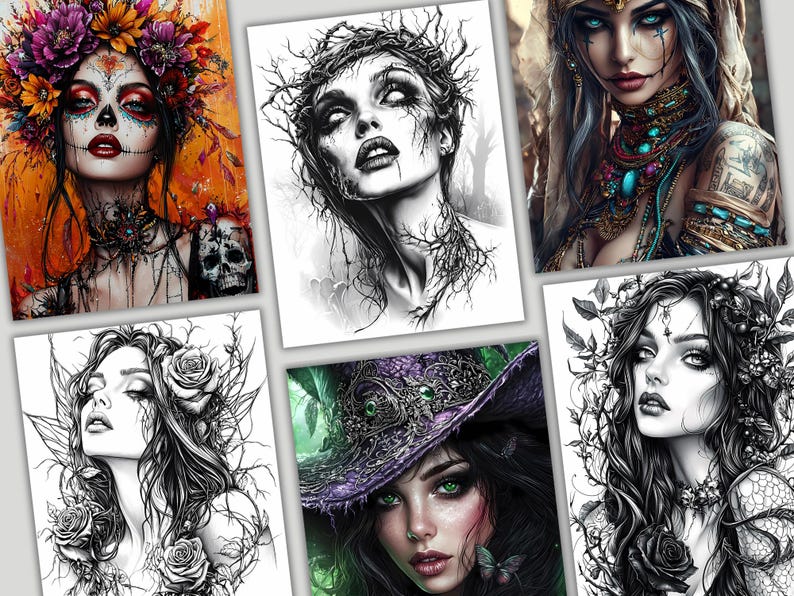 May include: A collection of six digital art prints featuring women with dark hair and intricate details. The prints are in black and white with hints of color, and each woman has a unique style and expression.