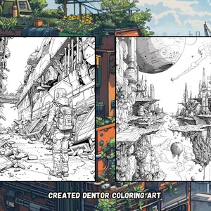 May include: A black and white illustration of two futuristic cityscapes. The left side shows a lone figure walking through a destroyed city. The right side shows a city built on floating platforms with a large planet in the background. The text "CREATED DENTOR COLORING ART" is at the bottom of the image.