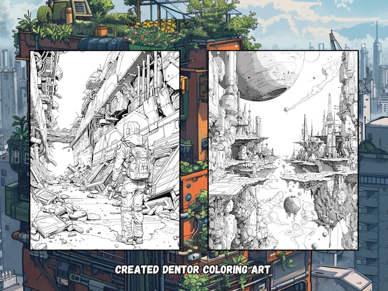 May include: A black and white illustration of two futuristic cityscapes. The left side shows a lone figure walking through a destroyed city. The right side shows a city built on floating platforms with a large planet in the background. The text "CREATED DENTOR COLORING ART" is at the bottom of the image.