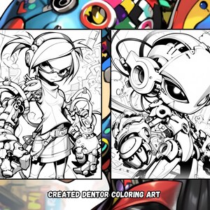 K&ouml;nnte beinhalten: Schwarz-wei&szlig;-Linienzeichnung einer weiblichen Figur mit Roboterarmen und einer m&auml;nnlichen Roboterfigur. Das Bild ist mit "CREATED DENTOR COLORING ART" beschriftet.