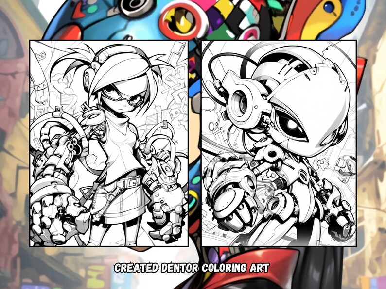 K&ouml;nnte beinhalten: Schwarz-wei&szlig;-Linienzeichnung einer weiblichen Figur mit Roboterarmen und einer m&auml;nnlichen Roboterfigur. Das Bild ist mit "CREATED DENTOR COLORING ART" beschriftet.