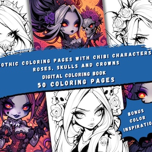 53 Chibi Gothic Coloring Pages | Romantyczna i mroczna sztuka fantasy z różami, koronami i kolczastą estetyką
