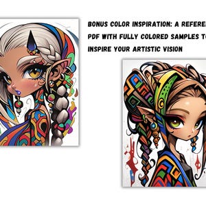 Puede incluir: Dos ilustraciones coloridas de personajes femeninos con ojos grandes y intrincados patrones geom&eacute;tricos en su ropa y cabello. Los personajes tienen orejas puntiagudas y est&aacute;n dibujados en un estilo de dibujos animados.