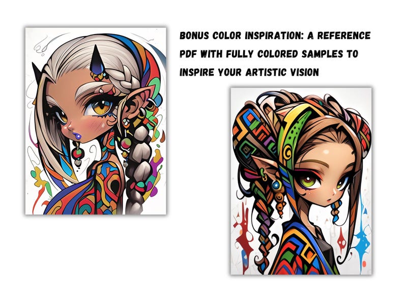 Puede incluir: Dos ilustraciones coloridas de personajes femeninos con ojos grandes y intrincados patrones geom&eacute;tricos en su ropa y cabello. Los personajes tienen orejas puntiagudas y est&aacute;n dibujados en un estilo de dibujos animados.