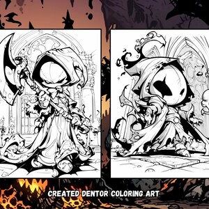 Pu&ograve; includere: Illustrazione in bianco e nero a linee di una figura incappucciata che tiene un'ascia grande. La figura &egrave; in piedi davanti a un arco gotico. Il testo "CREATED DENTOR COLORING ART" &egrave; nella parte inferiore dell'immagine.