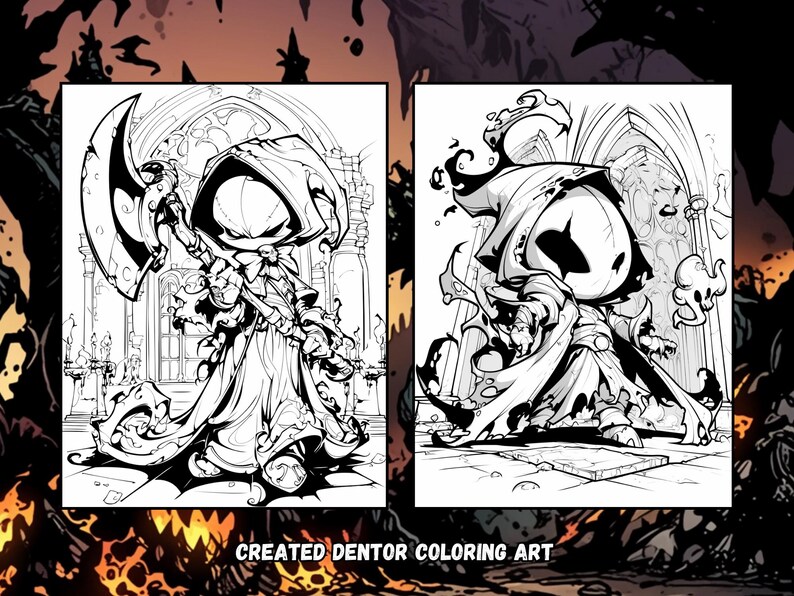 Pu&ograve; includere: Illustrazione in bianco e nero a linee di una figura incappucciata che tiene un'ascia grande. La figura &egrave; in piedi davanti a un arco gotico. Il testo "CREATED DENTOR COLORING ART" &egrave; nella parte inferiore dell'immagine.