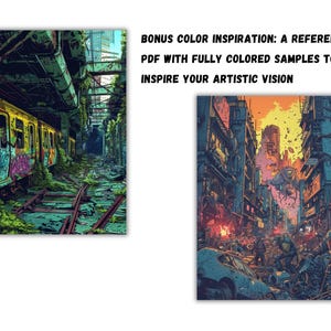 May include: Two digital art prints depicting urban scenes. The first print shows a train track overgrown with greenery and a train with graffiti. The second print shows a colorful, futuristic city street with buildings and flying vehicles.
