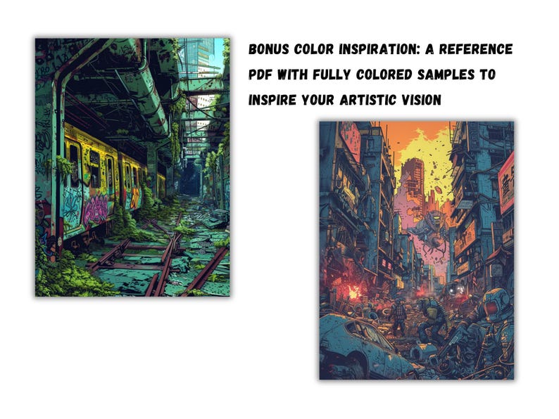 May include: Two digital art prints depicting urban scenes. The first print shows a train track overgrown with greenery and a train with graffiti. The second print shows a colorful, futuristic city street with buildings and flying vehicles.