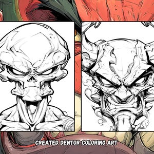 Peut inclure: Deux illustrations en noir et blanc d'un cr&acirc;ne et d'un visage de d&eacute;mon. Le cr&acirc;ne a une expression de col&egrave;re. Le visage du d&eacute;mon a des cornes et une grimace f&eacute;roce. Le texte "CREATED DENTOR COLORING ART" est en bas.