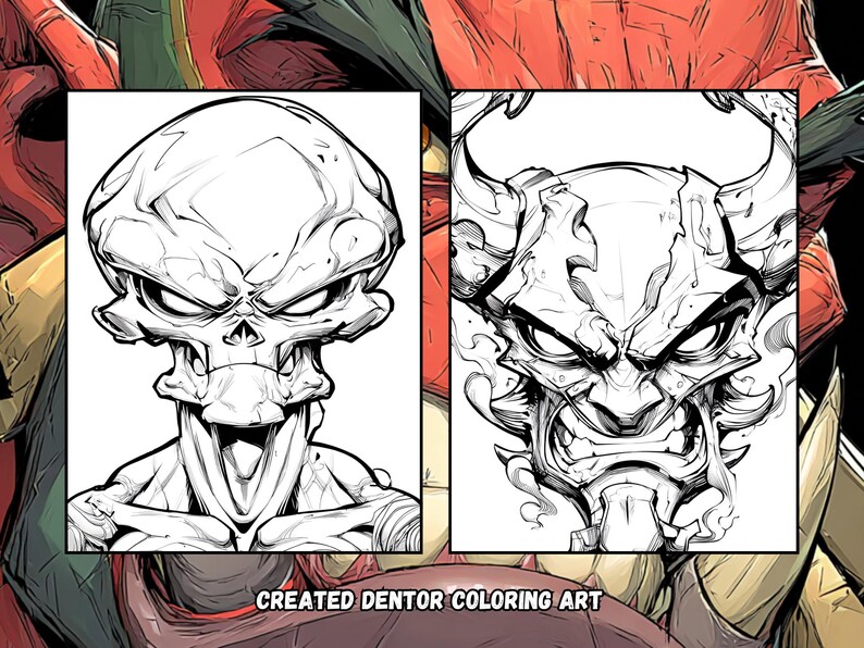 Peut inclure: Deux illustrations en noir et blanc d'un cr&acirc;ne et d'un visage de d&eacute;mon. Le cr&acirc;ne a une expression de col&egrave;re. Le visage du d&eacute;mon a des cornes et une grimace f&eacute;roce. Le texte "CREATED DENTOR COLORING ART" est en bas.