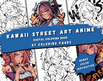 Libro para colorear de anime de arte callejero kawaii: 47 páginas con chicas mágicas y rebeldes, PDF imprimible