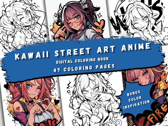 Kawaii Street Art Anime Coloring Book - 47 Pages with Magical Girls & Rebels, Printable PDF