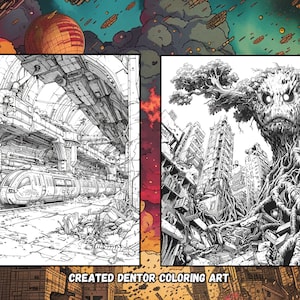 May include: Black and white line art illustration of a futuristic city scene with a train in a tunnel on the left and a large tree-like creature growing through the city on the right. The text "CREATED DENTOR COLORING ART" is at the bottom of the image.