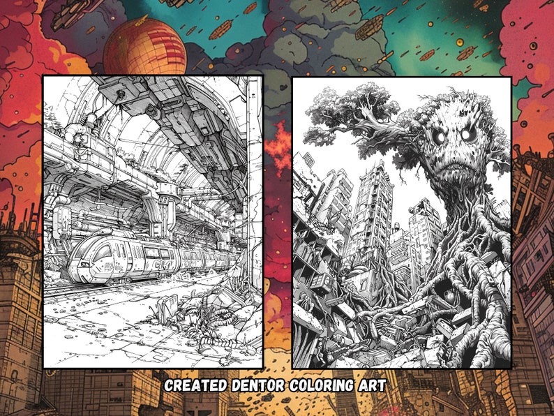 May include: Black and white line art illustration of a futuristic city scene with a train in a tunnel on the left and a large tree-like creature growing through the city on the right. The text "CREATED DENTOR COLORING ART" is at the bottom of the image.
