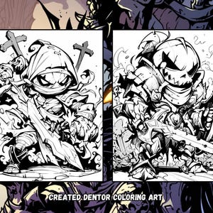 May include: Black and white line art illustration of two characters. The character on the left is a hooded figure holding a sword. The character on the right is a pumpkin-headed figure holding a sword. The text "CREATED. DENTOR COLORING ART" is at the bottom of the image.