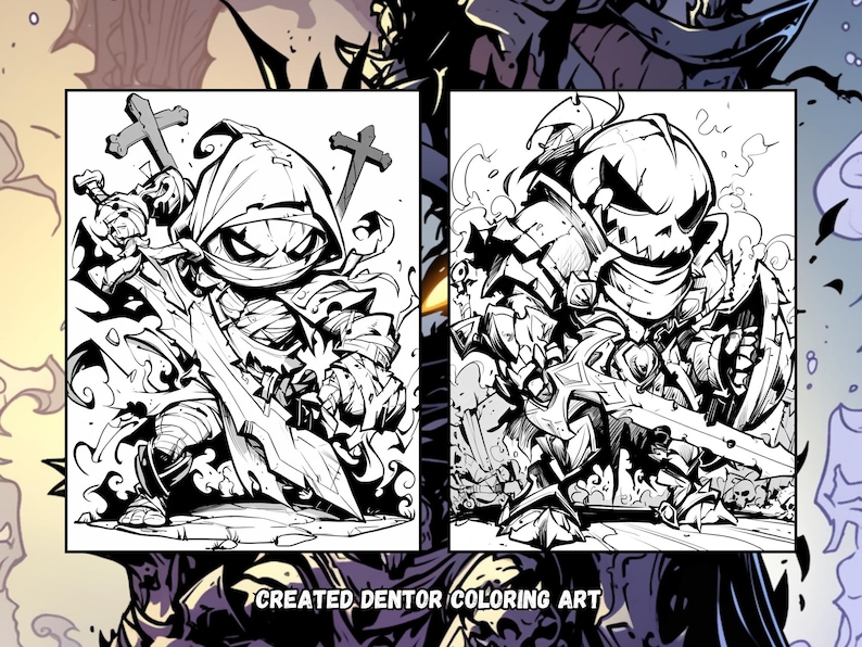 May include: Black and white line art illustration of two characters. The character on the left is a hooded figure holding a sword. The character on the right is a pumpkin-headed figure holding a sword. The text "CREATED. DENTOR COLORING ART" is at the bottom of the image.