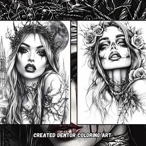 May include: Two black and white illustrations of women with thorns and roses in their hair. The woman on the left is wearing a crown of thorns and has a gothic cathedral in the background. The woman on the right has a skull-like face and is surrounded by roses.