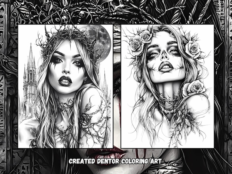 May include: Two black and white illustrations of women with thorns and roses in their hair. The woman on the left is wearing a crown of thorns and has a gothic cathedral in the background. The woman on the right has a skull-like face and is surrounded by roses.