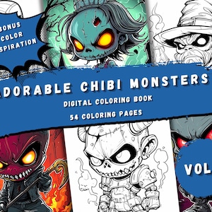 Libro para colorear de monstruos chibi adorables y espeluznantes / 54 personajes divertidos / Descarga digital en PDF