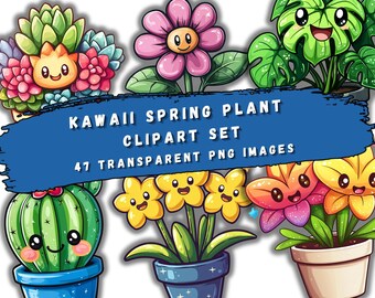 May include: A set of 47 digital clipart images featuring cute cartoon spring plants. The images include a cactus, a monstera plant, a flower with a pink flower, and a flower with yellow flowers. The images are in a kawaii style and are perfect for adding a touch of whimsy to your projects.