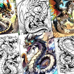 Puede incluir: Un conjunto de seis ilustraciones de l&iacute;nea de arte en blanco y negro de dragones. Los dragones est&aacute;n en varias poses, incluyendo volar, sentarse y estar de pie. Las ilustraciones son perfectas para colorear o usar como inspiraci&oacute;n para tu propio arte.