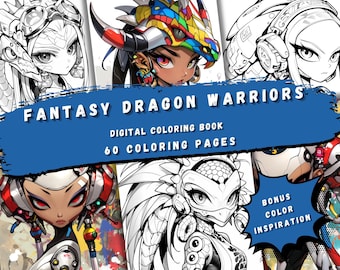 Cyberpunk Anime Coloring Book with Fantasy Dragon Warriors - 60 Pages, All Ages, Manga Style Art, Printable PDF