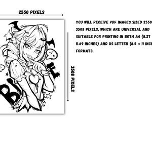 May include: Black and white line art illustration of a cartoon character with bat wings, a heart on her chest, and a knife in her hand. The character is wearing a dress with a ruffled collar and a bow. The text "B!TCH" is written in graffiti style behind the character.
