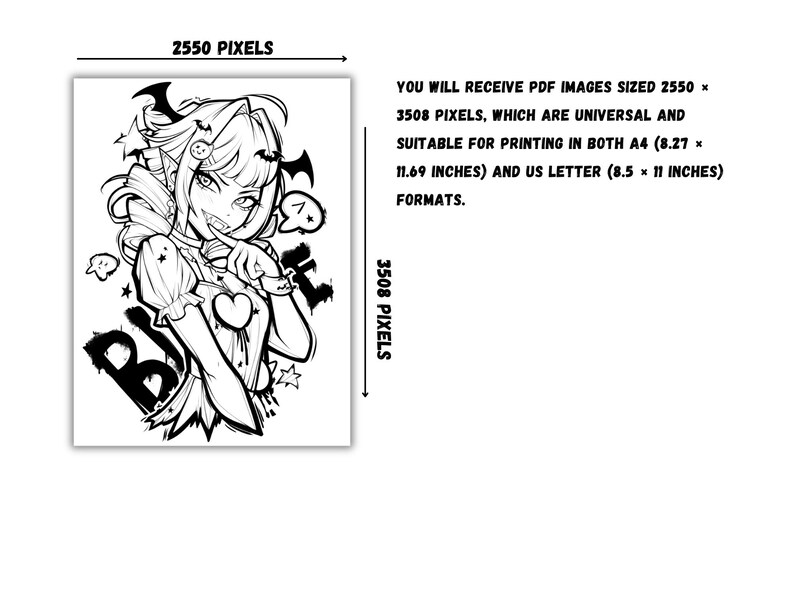 May include: Black and white line art illustration of a cartoon character with bat wings, a heart on her chest, and a knife in her hand. The character is wearing a dress with a ruffled collar and a bow. The text "B!TCH" is written in graffiti style behind the character.