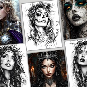 May include: A set of five black and white digital art prints featuring women with dark hair and intricate floral crowns. The women have a gothic aesthetic and are depicted with dramatic makeup and expressions.