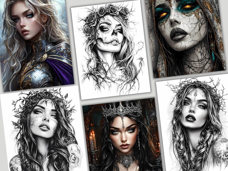 May include: A set of five black and white digital art prints featuring women with dark hair and intricate floral crowns. The women have a gothic aesthetic and are depicted with dramatic makeup and expressions.