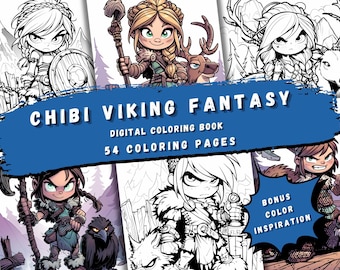 Chibi Viking Fantasy Coloring Book - 54 Pages with Warriors & Animals, Printable PDF
