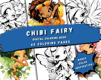 May include: A digital coloring book featuring 62 coloring pages of cute chibi fairies. The cover shows a variety of fairies with different hairstyles, wings, and outfits. The title of the book is "CHIBI FAIRY DIGITAL COLORING BOOK 62 COLORING PAGES".