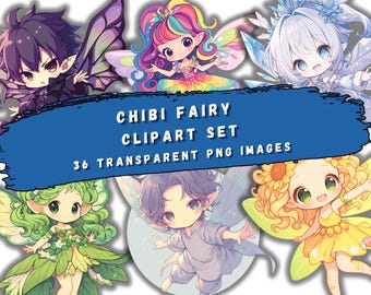 May include: A set of 36 digital clipart images featuring cute chibi fairies with colorful wings and outfits. The images are transparent PNG files, perfect for crafting, scrapbooking, and digital design projects.
