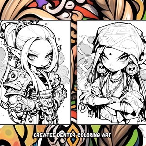 Puede incluir: Dos dibujos en blanco y negro de personajes femeninos. El personaje de la izquierda tiene el pelo largo, orejas puntiagudas y lleva ropa elaborada. El personaje de la derecha tiene el pelo largo, un pa&ntilde;uelo y lleva un collar con dijes de calavera. El texto "CREATED DENTOR COLORING ART" est&aacute; en la parte inferior de la imagen.