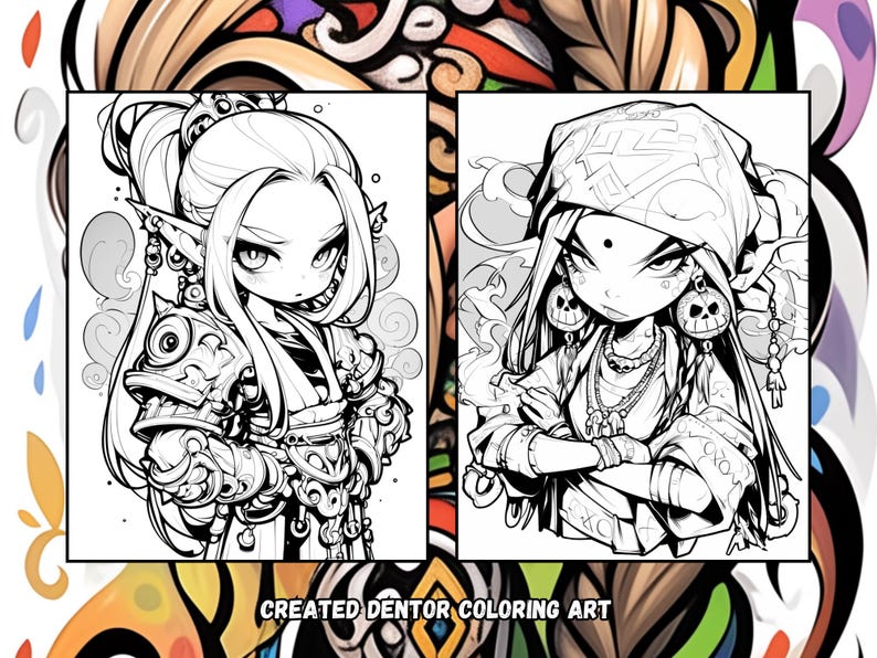 Puede incluir: Dos dibujos en blanco y negro de personajes femeninos. El personaje de la izquierda tiene el pelo largo, orejas puntiagudas y lleva ropa elaborada. El personaje de la derecha tiene el pelo largo, un pa&ntilde;uelo y lleva un collar con dijes de calavera. El texto "CREATED DENTOR COLORING ART" est&aacute; en la parte inferior de la imagen.