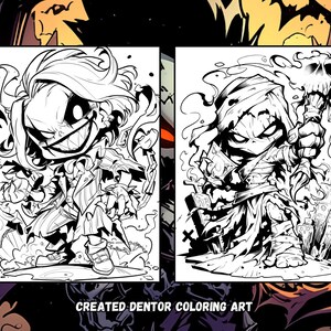 May include: Black and white line art illustration of two spooky characters. The first character is a ghoul with a mischievous grin, wearing a jacket and pants. The second character is a mummy with a skull staff, wearing a hooded robe. The text "CREATED DENTOR COLORING ART" is at the bottom of the image.