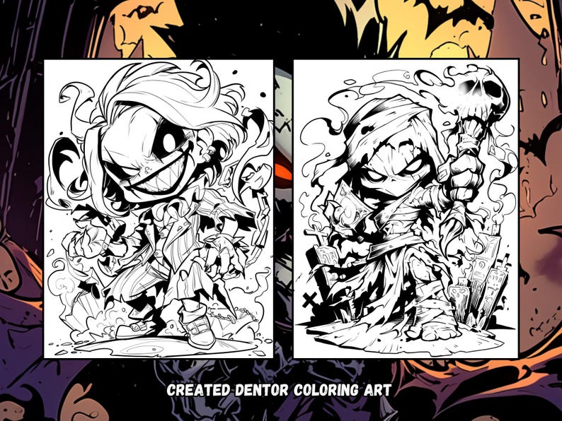 May include: Black and white line art illustration of two spooky characters. The first character is a ghoul with a mischievous grin, wearing a jacket and pants. The second character is a mummy with a skull staff, wearing a hooded robe. The text "CREATED DENTOR COLORING ART" is at the bottom of the image.