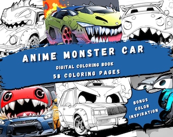 May include: A digital coloring book titled "Anime Monster Car" with 58 coloring pages. The cover features several cartoon cars with exaggerated monster-like features, including large teeth and angry eyes. Bonus color inspiration is also included.