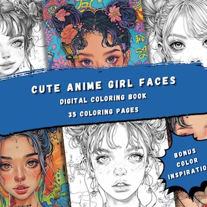 Cute Anime Girl Faces Coloring Book | 35 Manga-Style Pages | Digital PDF Download