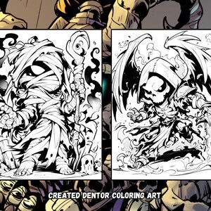 May include: Two black and white illustrations of fantasy creatures. The first illustration is of a mummy-like creature holding a staff. The second illustration is of a skeletal creature with wings and a sword.