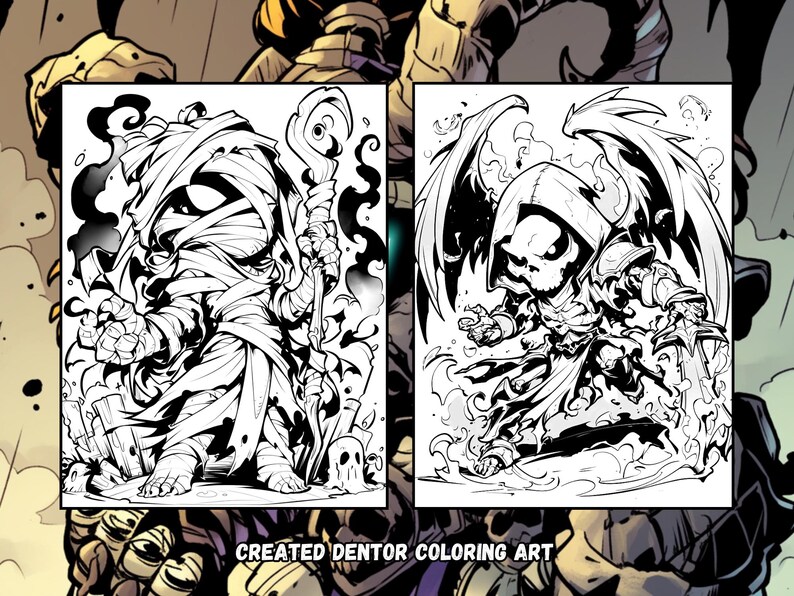 May include: Two black and white illustrations of fantasy creatures. The first illustration is of a mummy-like creature holding a staff. The second illustration is of a skeletal creature with wings and a sword.