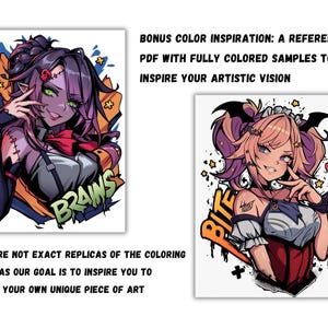May include: Two digital illustrations of anime-style characters. The first character has purple hair, a red scarf, and the words "BRAINS" on her shirt. The second character has pink hair, a red and white dress, and the words "BITE" on her shirt.