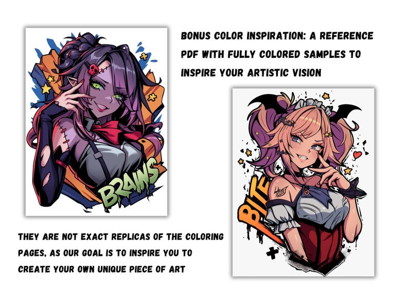May include: Two digital illustrations of anime-style characters. The first character has purple hair, a red scarf, and the words "BRAINS" on her shirt. The second character has pink hair, a red and white dress, and the words "BITE" on her shirt.