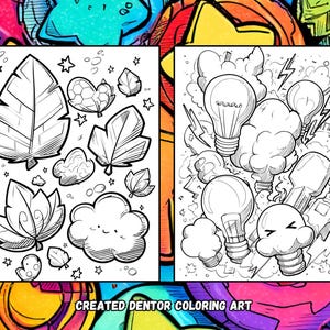 May include: Two-page coloring book spread with black and white illustrations. One page features leaves, stars, and clouds. The other page shows lightbulbs, lightning bolts, and smoke. Text at the bottom reads "CREATED DENTOR COLORING ART."
