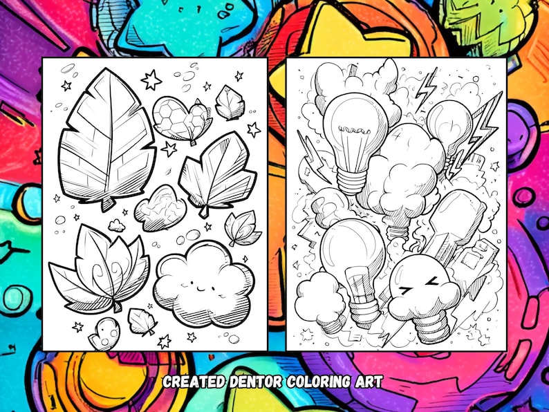 May include: Two-page coloring book spread with black and white illustrations. One page features leaves, stars, and clouds. The other page shows lightbulbs, lightning bolts, and smoke. Text at the bottom reads "CREATED DENTOR COLORING ART."