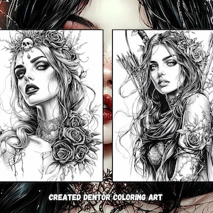 May include: Two black and white line drawings of women with intricate details. The woman on the left wears a crown of thorns and roses, while the woman on the right has a bow and arrow and roses in her hair. Both women have long flowing hair and are surrounded by foliage.