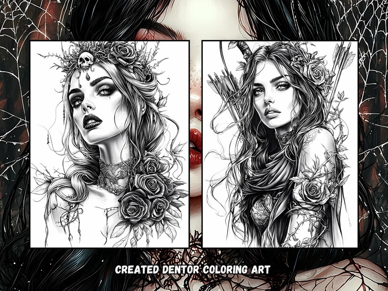 May include: Two black and white line drawings of women with intricate details. The woman on the left wears a crown of thorns and roses, while the woman on the right has a bow and arrow and roses in her hair. Both women have long flowing hair and are surrounded by foliage.