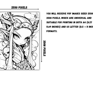 Puede incluir: Ilustraci&oacute;n en blanco y negro de l&iacute;nea de un personaje femenino con ojos grandes, cuernos y una calavera. El personaje lleva una camisa de manga larga y pantalones. La imagen es de 2550 x 3508 p&iacute;xeles.